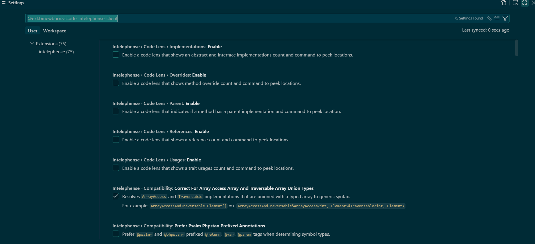 Intelephense extension settings in VS Code showing file exclusion configuration