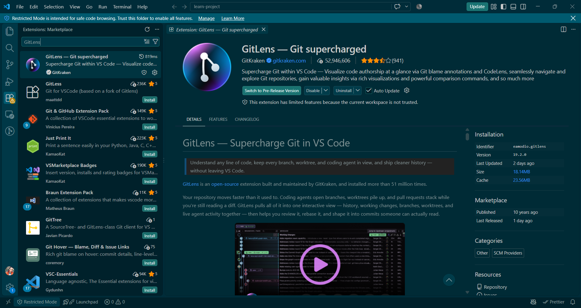 GitLens extension displaying inline git blame information in VS Code editor